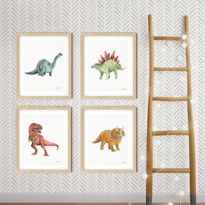 Set of 4 Dinosaur Wall Art, Kids Gallery Wall Set, Dinosaur Art Prints, Dinosaur Nursery, Watercolor Painting, T-Rex Print, Dinosaur Decor