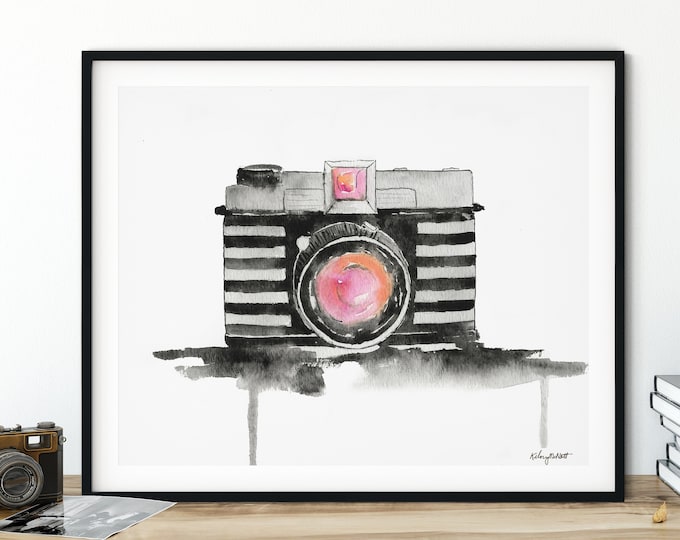 Camera Art Print, Camera Watercolor Painting, Vintage Camera, Home Decor Wall Art, Photographer Art, Photographer gift, Watercolor Camera