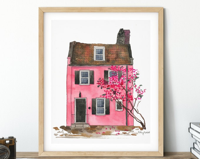 Charleston Pink House Wall Art, South Carolina Travel Wall Art, Watercolor Painting, Rainbow Row Charleston Art, Charleston Cityscape