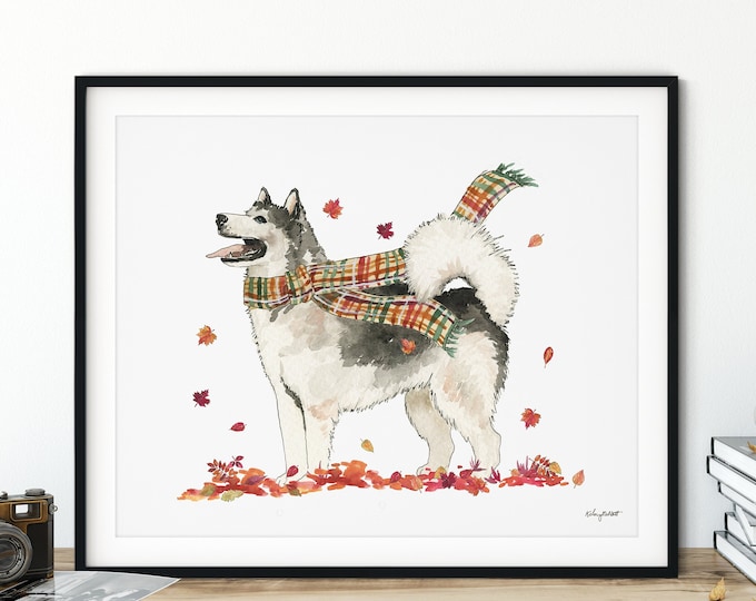 Fall Dog Wall Art, Husky Dog Art Print, Autumn Home Decor, Plaid Fall Wall Art, Halloween Art Print, Fall Decor, Siberian Husky Gift