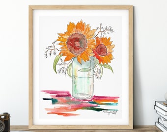 Sunflower Watercolor Painting, Seasonal Flower, Sunflower Print, Yellow Sunflower Seeds, Sunflower Floral Wall Decor, Kitchen Art Prints