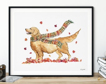 Fall Dog Wall Art, Golden Retriever Art Print, Autumn Home Decor, Fall Wall Art, Halloween Art Print, Halloween Home Decor, Fall Decor