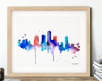 Honolulu Hawaii Skyline Print, Hawaii Print, Honolulu cityscape, Oahu Hawaii art print, City Map Posters, Travel Gift, Watercolor Painting