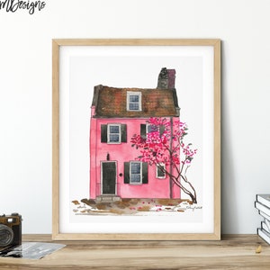 Charleston Pink House Wall Art, South Carolina Travel Wall Art, aquarel, Rainbow Row Charleston Art, Charleston Cityscape