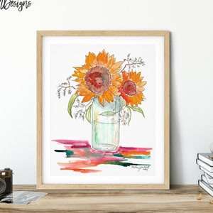 Sonnenblume Aquarell, saisonale Blume, Sonnenblume Druck, gelbe Sonnenblumenkerne, Sonnenblume Blumen-Wand-Dekor, Küche Kunstdrucke