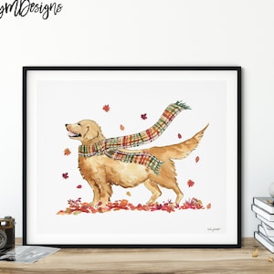 Fall Dog Wall Art, Golden Retriever Art Print, Autumn Home Decor, Fall Wall Art, Halloween Art Print, Halloween Home Decor, Fall Decor