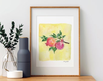 Pomegranate, Fruit and Botanical Watercolor Painting, Kitchen Wall art, Kitchen wall Decor, Garden Decor, Watercolor Fruit Print, home decor