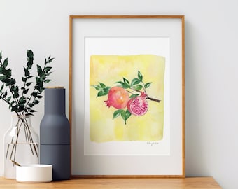 Pomegranate, Fruit and Botanical Watercolor Painting, Kitchen Wall art, Kitchen wall Decor, Garden Decor, Watercolor Fruit Print, home decor