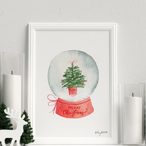 DIGITAL DOWNLOAD - Christmas Tree Snow Globe Print, Merry Christmas Wall Art, Snow Globe Christmas Decor, Watercolor Colorful Holiday