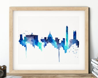 Washington DC Skyline, DC cityscape, usa art print, Bedroom Decor, Capital Building, DC City Map Posters, Travel Gift Watercolor Painting