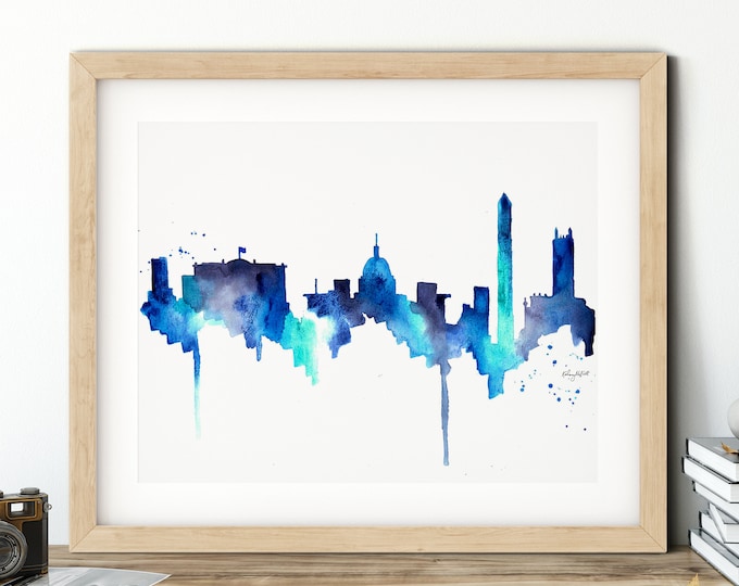Washington DC Skyline, DC cityscape, usa art print, Bedroom Decor, Capital Building, DC City Map Posters, Travel Gift Watercolor Painting