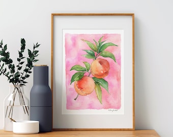 Peaches, Fruit and Botanical Watercolor Painting, Kitchen Wall art, Peach Illustration, Kitchen Decor, Garden Decor, Watercolor Fruit Print