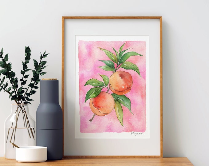 Peaches, Fruit and Botanical Watercolor Painting, Kitchen Wall art, Peach Illustration, Kitchen Decor, Garden Decor, Watercolor Fruit Print
