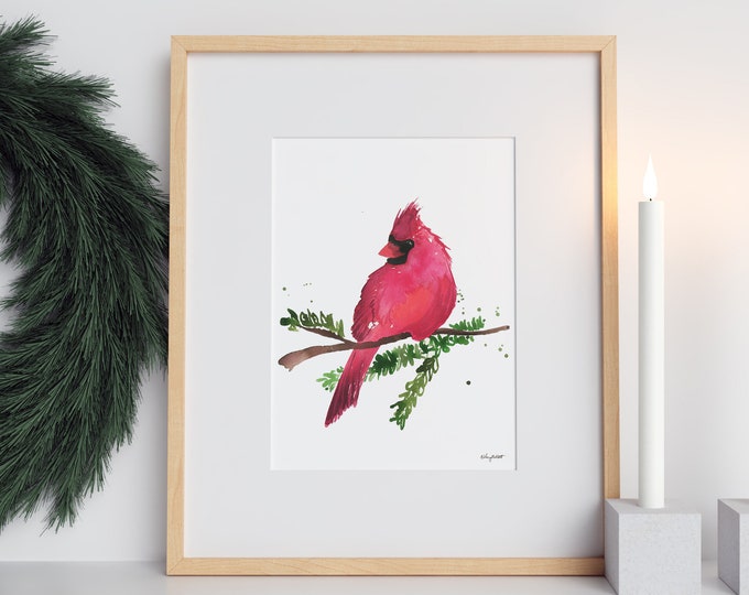 Christmas Cardinal Wall Art, Cardinal Decor, Red Bird Art Print, Watercolor Painting, Holiday Decor, Holiday Art, Christmas Sign