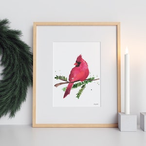 Christmas Cardinal Wall Art, Cardinal Decor, Red Bird Art Print, Watercolor Painting, Holiday Decor, Holiday Art, Christmas Sign