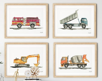 Set of 4 Construction Vehicle Wall Art, Kids Gallery Wall Set, Transportation Truck Art Print, Dump Truck, Fire Truck, Toddler Room Decor