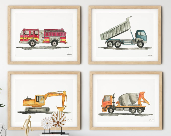 Set of 4 Construction Vehicle Wall Art, Kids Gallery Wall Set, Transportation Truck Art Print, Dump Truck, Fire Truck, Toddler Room Decor