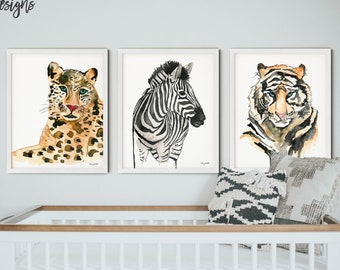 Set of 3 Safari Animal Prints, Safari Nursery Decor, Animal Gallery Wall Art, Zebra Print, Watercolor Painting, Tiger Print, Leopard Print