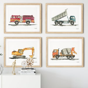 Set of 4 Construction Vehicle Prints, Kids Gallery Wall Set, Truck Wall Art, Fire Truck Print Nursery, Watercolor Painting, Dump Truck Decor