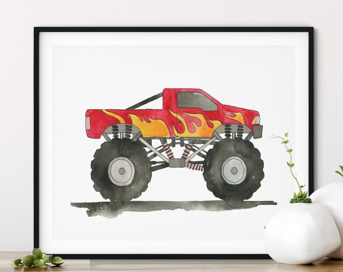 Monster Truck Print, Pickup Monster Truck Art, Transportation Art, Boys Nursery Decor, Truck Prints, Truck Birthday, Construction Truck