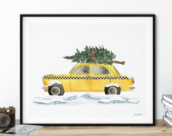 Christmas Taxi Car Art Print, Christmas Car Wall Art, Seasonal Home Decor, Yellow Christmas Decor, Watercolor Christmas, Colorful Holiday
