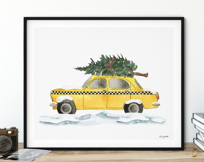 Christmas Taxi Car Art Print, Christmas Car Wall Art, Seasonal Home Decor, Yellow Christmas Decor, Watercolor Christmas, Colorful Holiday