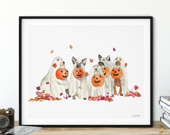 Halloween Ghost Dogs Wall Art, Dog Costume, Fall Home Decor, Fall Art Print, Halloween Art Print, Halloween Home Decor, Happy Howloween