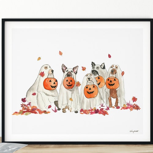 Halloween Ghost Dogs Wall Art, Dog Costume, Fall Home Decor, Fall Art Print, Halloween Art Print, Halloween Home Decor, Happy Howloween