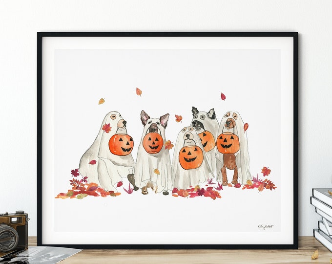 Halloween Ghost Dogs Wall Art, Dog Costume, Fall Home Decor, Fall Art Print, Halloween Art Print, Halloween Home Decor, Happy Howloween