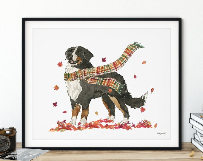 Fall Dog Wall Art, Bernese Mountain Dog Art Print, Autumn Home Decor, Fall Wall Art, Halloween Art Print, Fall Decor, Bernese Dog Gift