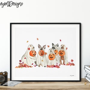 Halloween Ghost Dogs Wall Art, Dog Costume, Fall Home Decor, Fall Art Print, Halloween Art Print, Halloween Home Decor, Happy Howloween