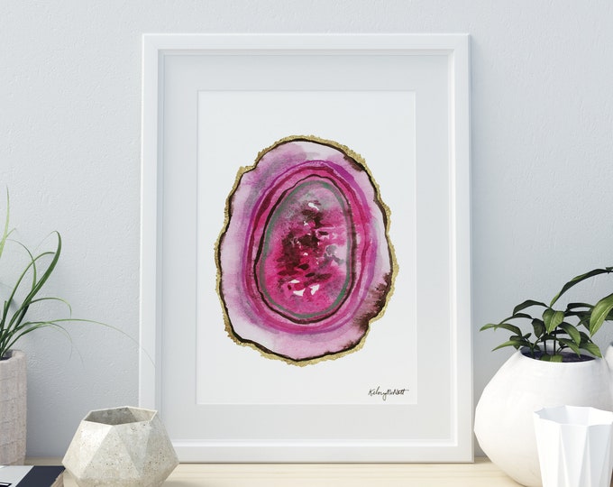 Agate wall art, Agate watercolor, Geode wall decor, Agate print, Pink Geode Slice, Agate watercolor print, Gem and Mineral Art, Geode Art