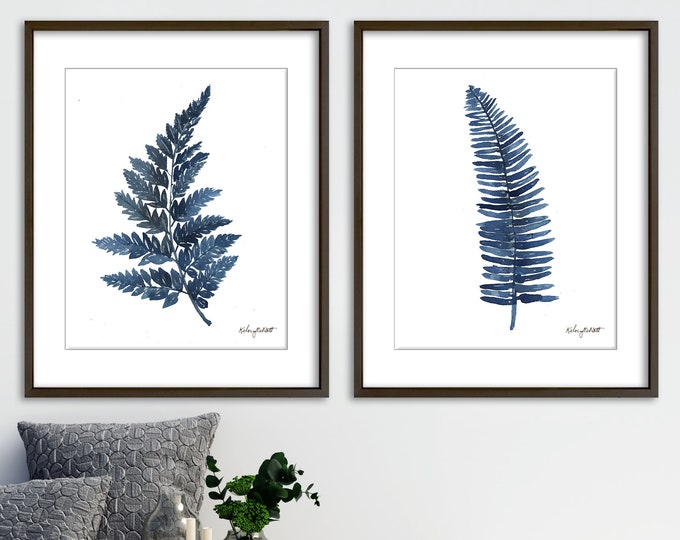 Fern Print, Navy Blue Watercolor Plant Painting, Set of 2, Gallery Wall Set, Kitchen Print, Garden Botanical Illustration, Fern Plant, Ferns