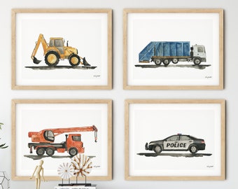 Set of 4 Construction Vehicle Art Prints, Transportation Truck Wall Art, Police Car Nursery Art, Garbage Truck Decor, Toddler Boy Room Art