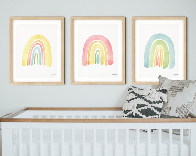 Set of 3 Rainbow Prints, Rainbow Wall Art, Kids Room Wall Art, Boho Rainbow Nursery Print, Nursery Wall Art, Abstract Watercolor Painting