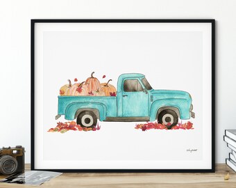 Blue Vintage Truck Fall Wall Art, Fall Pumpkin Truck Art, Pumpkin Patch Wall Art, Farmhouse Decor, Watercolor Painting, Rustic Fall Decor
