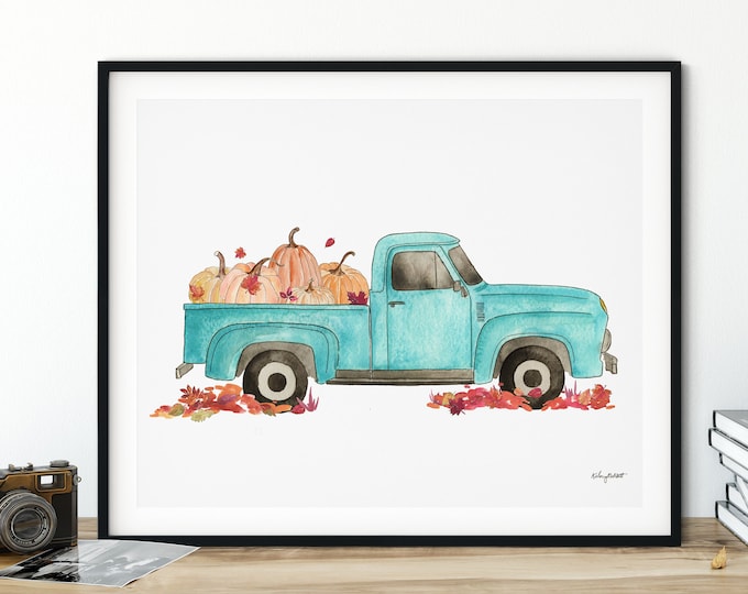 Blue Vintage Truck Fall Wall Art, Fall Pumpkin Truck Art, Pumpkin Patch Wall Art, Farmhouse Decor, Watercolor Painting, Rustic Fall Decor