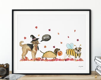 Halloween Dogs Wall Art, Dog Costume, Fall Home Decor, Fall Art Print, Halloween Art Print, Halloween Home Decor, Happy Howloween