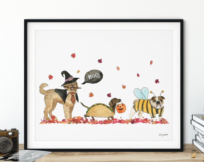 Halloween Dogs Wall Art, Dog Costume, Fall Home Decor, Fall Art Print, Halloween Art Print, Halloween Home Decor, Happy Howloween