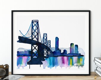 San Francisco Bay Bridge, Watercolor Painting, Travel Wall Art, Travel Print, San Francisco Skyline Print, California Print Bay Bridge Print