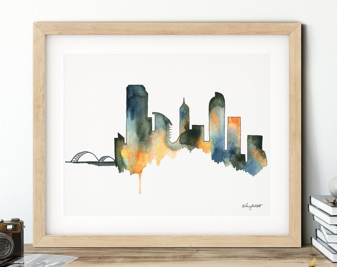 Denver Skyline, Colorao cityscape, Denver art print, Denver Broncos, Mountain wall art, City Map Posters, Travel Gift, Watercolor Painting