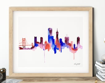 San Francisco Skyline Print, San Francisco Cityscape, California Skyline Painting, Watercolor Painting Cali, Golden Gate Bridge Print,