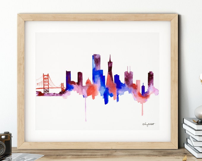 San Francisco Skyline Print, San Francisco Cityscape, California Skyline Painting, Watercolor Painting Cali, Golden Gate Bridge Print,