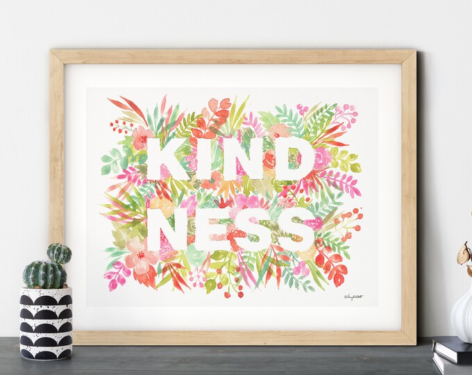 Kindness Quote Print, Watercolor Painting, Inspirational Quote Art, Botanical Wall Art, Kids Room Decor, Be Kind Print, Positivity Quotes