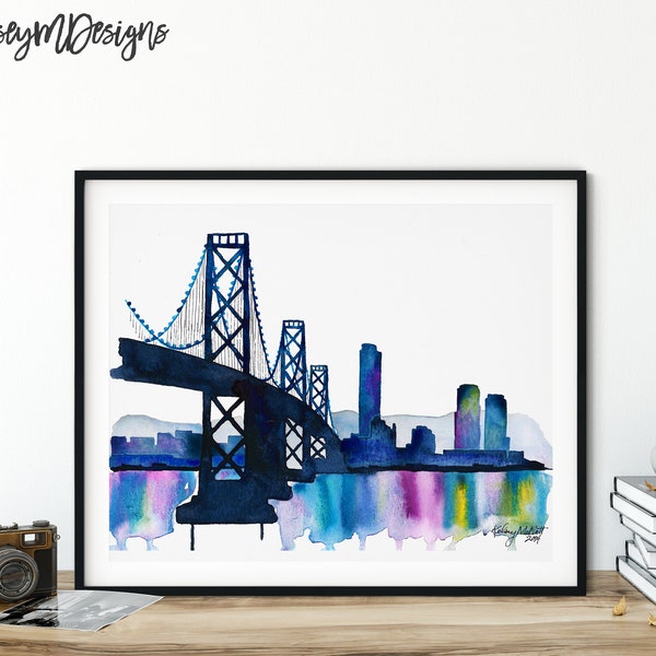 San Francisco Bay Bridge, Watercolor Painting, Travel Wall Art, Travel Print, San Francisco Skyline Print, California Print Bay Bridge Print