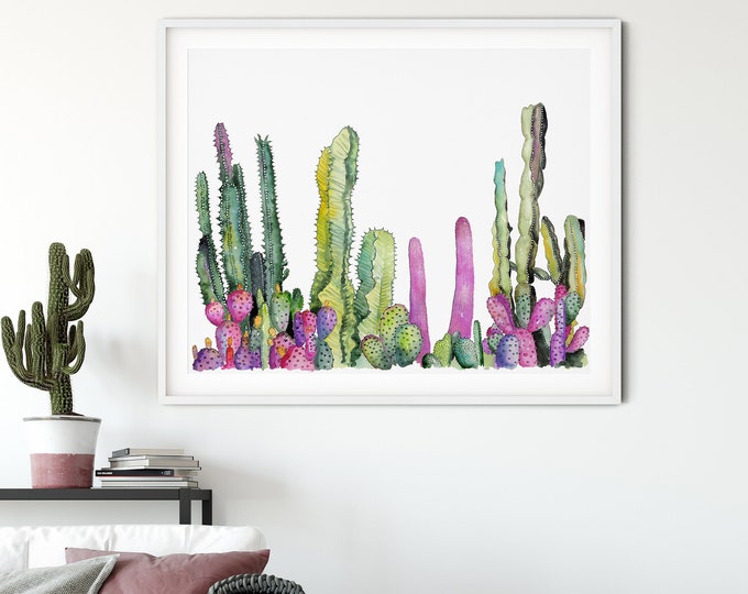 Cactus Watercolor Painting, Desert Home Decor, Boho decor, botanical wall artwork Cacti, nursery decor, kids room decor, succulent print
