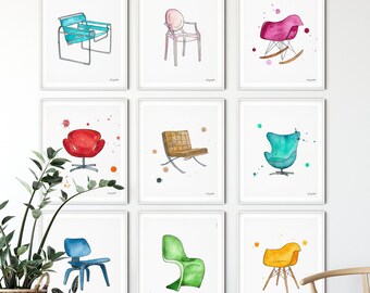 Mid Century Modern Chairs, Furniture Art, Set of 9 Prints, Jacobsen Chair silhouettes, Iconic chairs Eames chair egg chair - Chair Wall Art