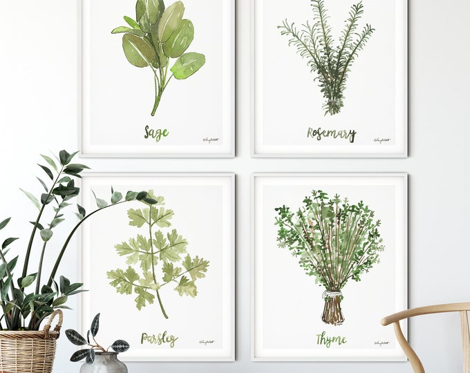 Herbs Set of 4 Watercolor Painting, Kitchen Prints, Sage Thyme Rosemary Parsley, Gallery Wall Set, Kitchen Decor Herb Prints, Herb Painting