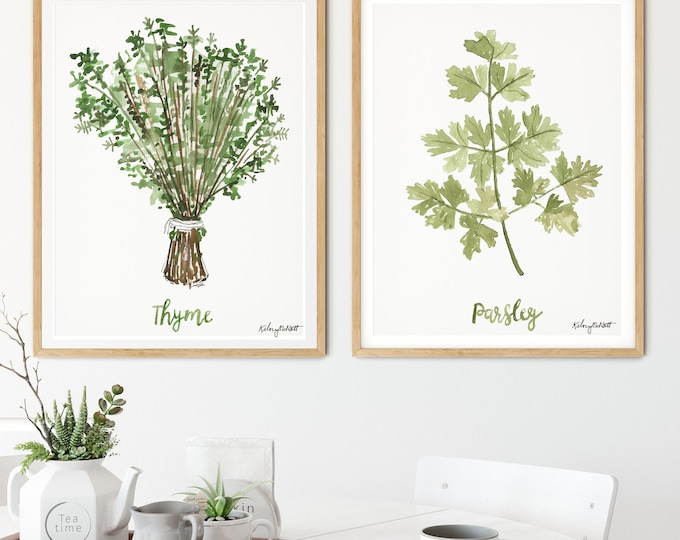 Kitchen Herbs Set, Thyme Parsley Watercolor Painting, Herb Art Print, Farmhouse Decor, Watercolor Botanical Poster Home Decor, Set of 2
