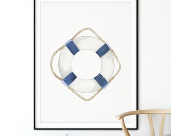 Ring Buoy Wall Art, Navy Beach Art, Watercolor Painting, Coastal Art Print, Life Preserver, Sailing Art, Nautical Buoy Art